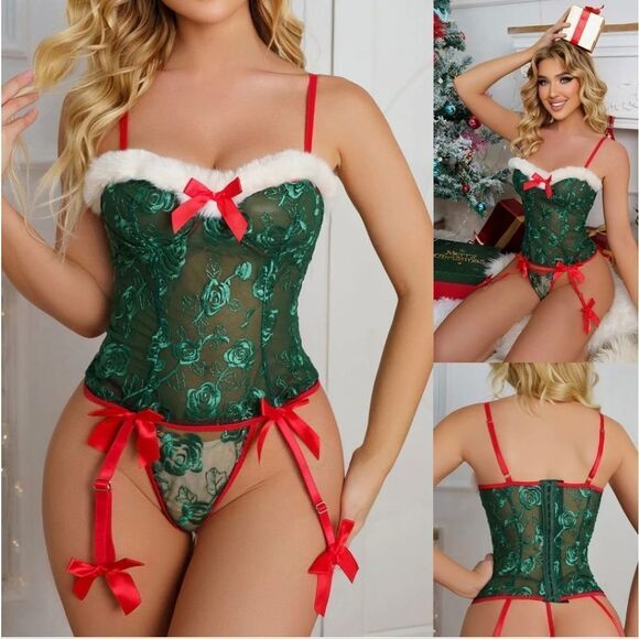 Green Sexy Lingerie Women Christmas Babydoll Santa Teddy Backless Bodysuit US - Picture 6 of 6